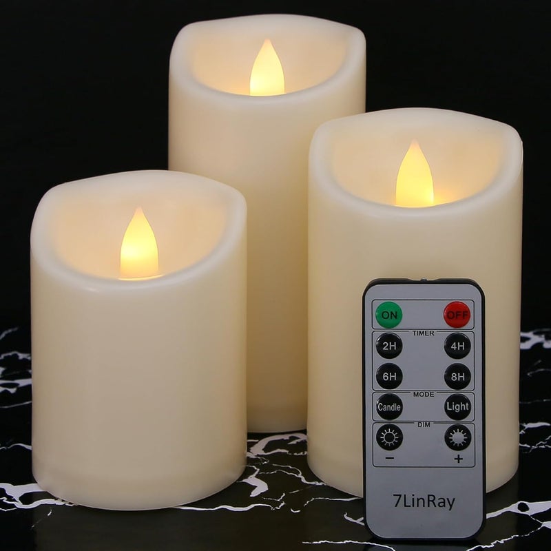 7LinRay Store Flameless Flickering Candles with Remote and Timers, 1000 Hours Waterproof Outdoor Indoor Battery Operated LED Pillar Candles, Ivory Plastic, Set of 3(D 3" x H 4" 5" 6") - Image 1